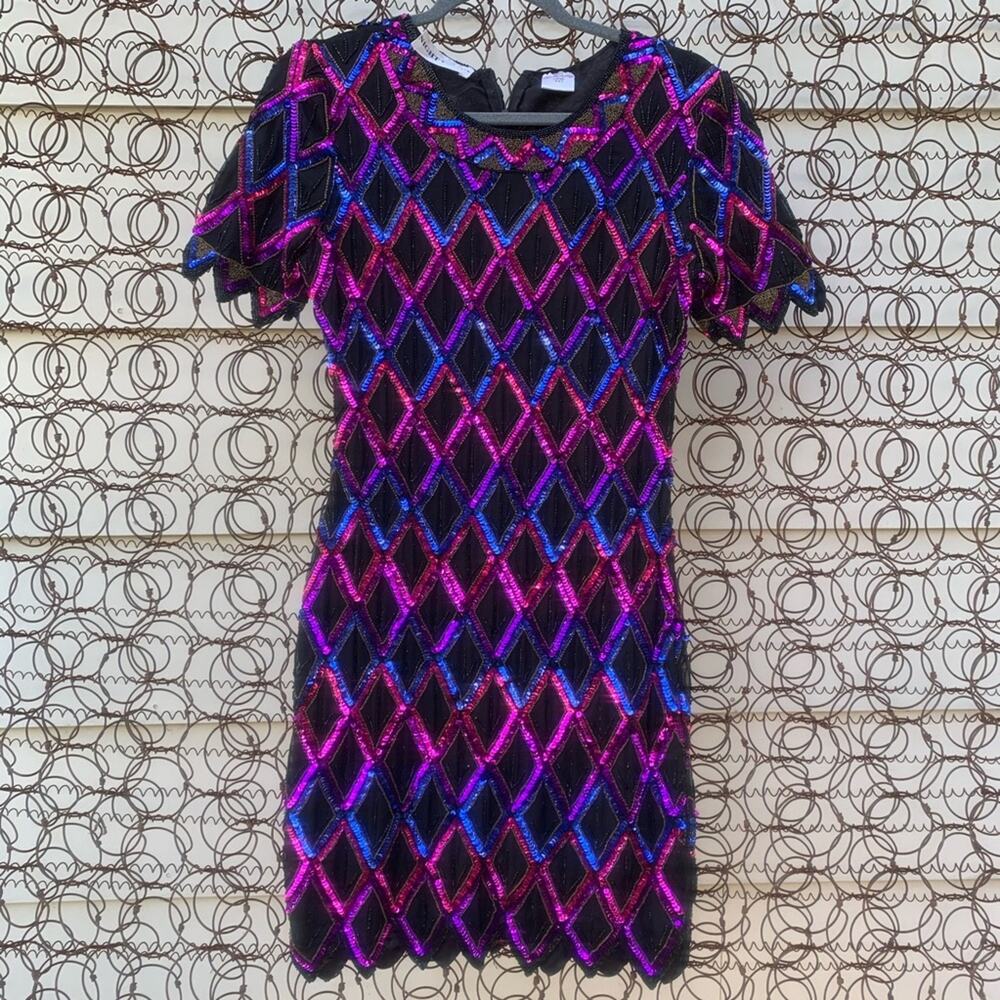 Vintage 90s Night Vogue diamond bead sequin dress PETITE XS